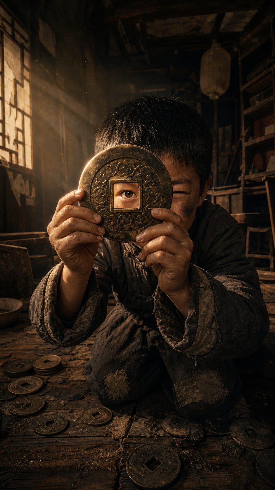 孩子透過方孔往裡看
